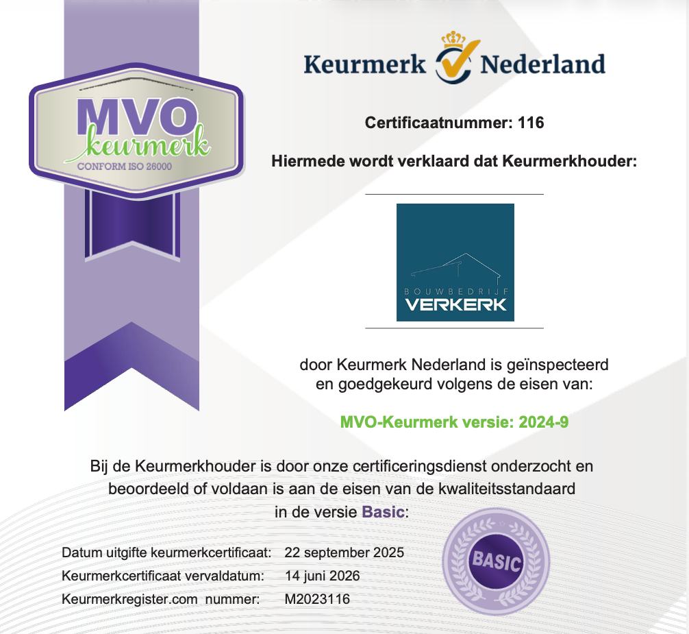 Behaald keurmerk MVO certificering door Bouwbedrijf Verkerk